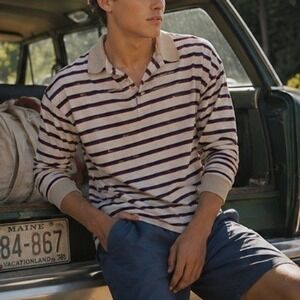 Vintage Striped Terry Velour Long Sleeve Polo Shirt Large Preppy Coastal Summer